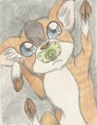 Size: 1740x2245 | Tagged: safe, artist:cindertale, derpibooru import, oc, oc only, deer, baby, cloven hooves, deer oc, ear fluff, ears, pacifier, solo, traditional art