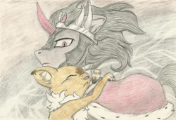 Size: 2961x2025 | Tagged: safe, artist:cindertale, derpibooru import, king sombra, deer, pony, reindeer, unicorn, bust, cape, clothes, duo, eyes closed, horn, hug, male, smiling, stallion, traditional art