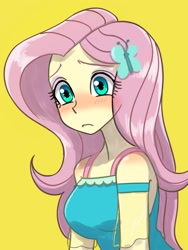 Size: 1620x2160 | Tagged: safe, artist:haibaratomoe, derpibooru import, fluttershy, better together, equestria girls, blushing, breasts, butterfly hairpin, clothes, cute, dress, eyeshadow, female, frown, hairpin, hootershy, makeup, shyabetes, simple background, solo, yellow background