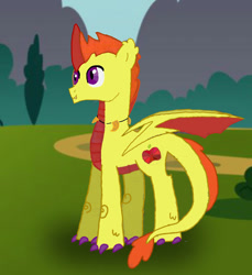 Size: 982x1070 | Tagged: safe, artist:jennyfer1500, derpibooru import, dracony, hybrid, day, interspecies offspring, looking up, offspring, parent:apple bloom, parent:spike, parents:spikebloom, solo