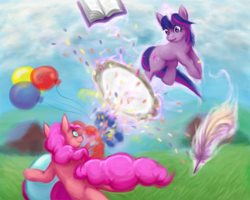 Size: 750x600 | Tagged: safe, artist:nepharus, derpibooru import, pinkie pie, twilight sparkle, 2012, balloon, book, party cannon, quill