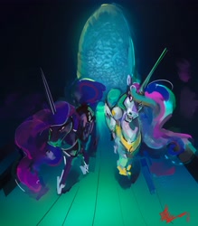 Size: 3588x4096 | Tagged: safe, artist:alumx, derpibooru import, princess celestia, princess luna, alicorn, pony, duo, female, hoers, mare, perspective, siblings, sisters