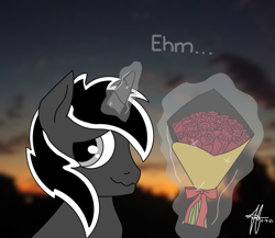 Size: 1245x1080 | Tagged: safe, artist:alexlobo70, derpibooru import, oc, oc only, pony, unicorn, blurry background, bouquet, cloud, flirting, flower, glowing horn, horn, looking at you, magic, male, outdoors, real life background, rose, signature, sky, smiling, solo, stallion, sunset, wavy mouth