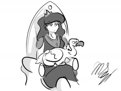 Size: 1280x960 | Tagged: safe, artist:foxcorn17, derpibooru import, princess luna, human, sparkle's seven, black and white, female, grayscale, humanized, luna petting goose, monochrome, petting, simple background, sitting, solo, throne, white background