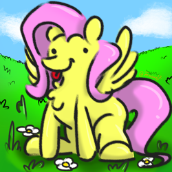 Size: 1024x1024 | Tagged: safe, artist:foxcorn17, derpibooru import, fluttershy, pegasus, pony, chest fluff, dot eyes, female, majestic as fuck, mare, silly, sitting, solo, tongue, tongue out