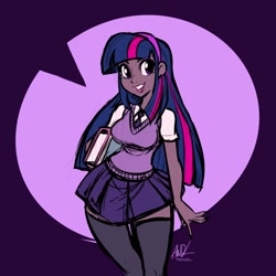 Size: 720x720 | Tagged: safe, artist:andrewdickman, derpibooru import, part of a set, twilight sparkle, human, book, breasts, clothes, dark skin, female, hairband, headlight sparkle, humanized, necktie, skirt, socks, solo, thigh highs, vest, video at source, wide hips, zettai ryouiki