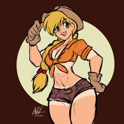 Size: 720x720 | Tagged: safe, artist:andrewdickman, derpibooru import, part of a set, applejack, human, abs, applerack, belly button, breasts, cleavage, clothes, daisy dukes, female, front knot midriff, gloves, hat, humanized, midriff, shorts, solo, tan lines, video at source