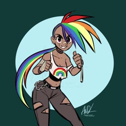 Size: 720x720 | Tagged: safe, artist:andrewdickman, derpibooru import, part of a set, rainbow dash, human, alternate hairstyle, bandage, choker, clothes, ear piercing, earring, female, humanized, jewelry, midriff, nose bandaid, pants, piercing, ponytail, sleeveless, solo, tanktop, torn clothes, undercut, video at source