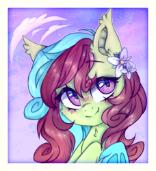 Size: 1095x1202 | Tagged: safe, artist:_spacemonkeyz_, derpibooru import, oc, bat pony, flower, flower in hair, solo