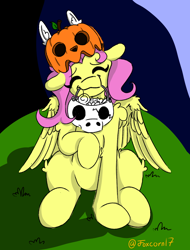 Size: 1080x1420 | Tagged: safe, artist:foxcorn17, derpibooru import, fluttershy, pegasus, pony, candy, candy pail, cute, eyes closed, female, food, halloween, happy, head tilt, holiday, jack-o-lantern, mare, mouth hold, outdoors, pumpkin, raised hoof, raised leg, shyabetes, sitting, smiling, solo, wings