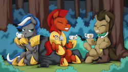 Size: 2560x1440 | Tagged: safe, artist:mysticalpha, derpibooru import, doctor whooves, oc, oc:captain sunride, oc:cloud zapper, earth pony, pegasus, pony, armor, cup, doctor who, food, forest, male, pegasus oc, royal guard, royal guard armor, royal guard oc, stallion, tea, teacup, the doctor, tree