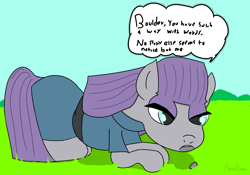 Size: 3500x2450 | Tagged: safe, artist:nazodafist, derpibooru import, boulder (pet), maud pie, earth pony, pony, lying down, rock, text