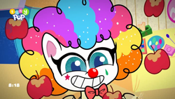 Size: 1024x576 | Tagged: safe, derpibooru import, screencap, fluttershy, pegasus, pony, lolly-pop, my little pony: pony life, spoiler:pony life s02e19, adorkable, clown, cute, dork, flutterbadass, flutterclown, juggler, juggling, shyabetes