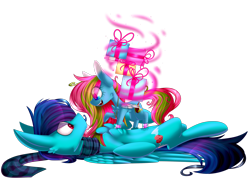 Size: 2888x2077 | Tagged: safe, artist:mediasmile666, derpibooru import, oc, oc only, oc:media smile, oc:vynil rc, pegasus, pony, birthday, birthday gift, clothes, duo, female, jewelry, looking at each other, male, mare, pendant, present, scarf, simple background, smiling, stallion, transparent background