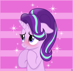 Size: 3779x3636 | Tagged: safe, artist:anime-equestria, derpibooru import, starlight glimmer, pony, unicorn, blushing, cute, ears, female, floppy ears, glimmerbetes, happy, horn, mare, smiling, solo, sparkles