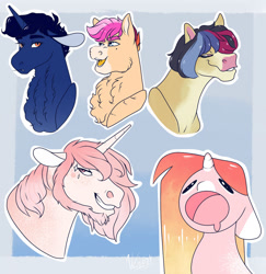 Size: 1280x1318 | Tagged: safe, artist:sodafalls, derpibooru import, oc, oc only, oc:conundrum solar flare, oc:indigo sky, oc:ketchup, earth pony, pony, unicorn, female, magical lesbian spawn, male, mare, offspring, parent:quibble pants, parent:rainbow dash, parent:trixie, parent:twilight sparkle, parents:quibbledash, parents:twixie, stallion