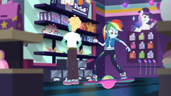 Size: 3410x1920 | Tagged: safe, derpibooru import, screencap, rainbow dash, zephyr breeze, pony, better together, equestria girls, holidays unwrapped, clothes, converse, cutie mark, cutie mark on clothes, dashing through the mall, female, geode of super speed, hat, hoodie, jewelry, magical geodes, male, necklace, shoes
