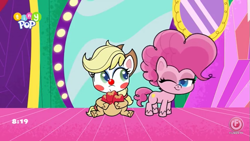 Size: 853x480 | Tagged: safe, derpibooru import, screencap, applejack, pinkie pie, lolly-pop, my little pony: pony life, spoiler:pony life, spoiler:pony life s02e19, apple, clown, clown makeup, clown nose, food, mirror, one eye closed, smug, wink