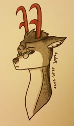 Size: 1433x2437 | Tagged: safe, artist:agdapl, derpibooru import, deer, antlers, bust, crossover, glasses, male, medic, signature, smiling, solo, species swap, team fortress 2, traditional art