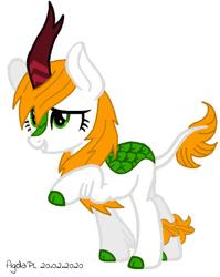 Size: 400x503 | Tagged: safe, artist:agdapl, derpibooru import, oc, oc only, kirin, base used, eyelashes, grin, kirin oc, raised hoof, raised leg, signature, smiling, solo