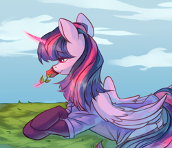 Size: 2532x2192 | Tagged: safe, artist:neonishe, derpibooru import, twilight sparkle, twilight sparkle (alicorn), alicorn, pony, beautiful, clothes, female, flower, folded wings, glowing horn, horn, lying down, magic, mare, outdoors, prone, rose, smiling, solo, stockings, telekinesis, thigh highs, wings