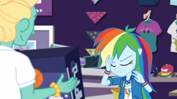 Size: 3410x1920 | Tagged: safe, derpibooru import, screencap, rainbow dash, zephyr breeze, better together, equestria girls, holidays unwrapped, clothes, cutie mark, cutie mark on clothes, dashing through the mall, eyes closed, female, geode of super speed, hoodie, jewelry, magical geodes, male, necklace