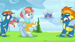 Size: 1920x1080 | Tagged: safe, derpibooru import, screencap, rainbow dash, spitfire, windy whistles, pegasus, pony, parental glideance, clothes, female, mare, tail, tail pull, uniform, wonderbolts uniform