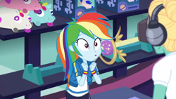 Size: 3410x1920 | Tagged: safe, derpibooru import, screencap, rainbow dash, zephyr breeze, better together, equestria girls, holidays unwrapped, :o, clothes, cutie mark, cutie mark on clothes, dashing through the mall, female, geode of super speed, hoodie, jewelry, magical geodes, male, necklace, open mouth