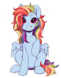 Size: 3119x4000 | Tagged: safe, artist:kotya, derpibooru import, rainbow dash, pegasus, pony, alternate hairstyle, blushing, cute, dashabetes, female, grin, high res, long hair, long mane, looking at you, mare, simple background, sitting, smiling, smiling at you, solo, white background, wings