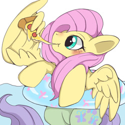 Size: 768x768 | Tagged: safe, artist:utoimohu, derpibooru import, fluttershy, pegasus, pony, blushing, cute, eating, female, floating, food, inner tube, mare, partially submerged, pixiv, shyabetes, slice of pizza, solo, tomato, water, wing hands, wings