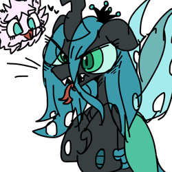 Size: 768x768 | Tagged: safe, artist:utoimohu, derpibooru import, queen chrysalis, oc, oc:fluffle puff, changeling, changeling queen, pony, bust, colored sketch, female, forked tongue, mare, pixiv, sharp teeth, simple background, teeth, tongue, tongue out, white background