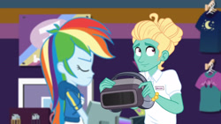 Size: 3410x1920 | Tagged: safe, derpibooru import, screencap, rainbow dash, zephyr breeze, better together, equestria girls, holidays unwrapped, clothes, cutie mark, cutie mark on clothes, dashing through the mall, eyes closed, female, geode of super speed, hoodie, jewelry, magical geodes, male, necklace