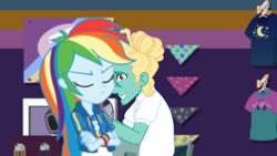 Size: 3410x1920 | Tagged: safe, derpibooru import, screencap, rainbow dash, zephyr breeze, better together, equestria girls, holidays unwrapped, clothes, crossed arms, cutie mark, cutie mark on clothes, dashing through the mall, eyes closed, female, geode of super speed, hoodie, jewelry, magical geodes, male, necklace