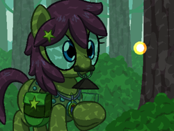 Size: 800x600 | Tagged: safe, artist:rangelost, derpibooru import, oc, oc only, oc:trailblazer, earth pony, firefly (insect), insect, pony, bag, bush, cyoa:d20 pony, female, forest, lantern, mare, morning, mouth hold, outdoors, saddle bag, solo, tree