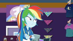 Size: 3410x1920 | Tagged: safe, derpibooru import, screencap, rainbow dash, better together, equestria girls, holidays unwrapped, clothes, crossed arms, cutie mark, cutie mark on clothes, dashing through the mall, female, geode of super speed, hoodie, jewelry, looking up, magical geodes, necklace, solo