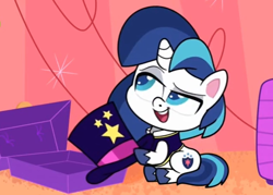 Size: 1124x805 | Tagged: safe, derpibooru import, screencap, shining armor, pony, unicorn, little miss fortune, my little pony: pony life, spoiler:pony life s02e20, cropped, hat, magic hat, male, open mouth, sitting, solo, stallion