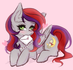 Size: 3209x3089 | Tagged: safe, artist:miuq, derpibooru import, oc, oc only, oc:evening prose, pegasus, pony, female, freckles, jewelry, letter, love letter, mare, mouth hold, necklace, pearl necklace, simple background, solo