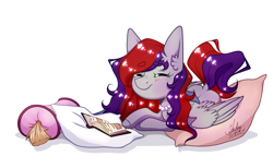 Size: 4850x2775 | Tagged: safe, artist:dar_onegin, derpibooru import, oc, oc only, oc:evening prose, pegasus, pony, book, cushion, eyes closed, female, freckles, jewelry, mare, necklace, pearl necklace, pillow, reading, simple background, solo, white background