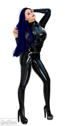 Size: 2871x5434 | Tagged: safe, artist:amywhooves, derpibooru import, oc, oc:coldlight bluestar, human, alternate hairstyle, big breasts, bodysuit, boots, breasts, clothes, collar, eyeshadow, high heels, humanized, latex, latex suit, lipstick, makeup, not pony related, pose, shoes, simple background, solo, transparent background