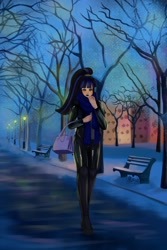 Size: 1440x2160 | Tagged: safe, artist:amywhooves, derpibooru import, oc, oc:coldlight bluestar, human, bag, boots, chair, clothes, evening, high heels, humanized, jacket, latex, latex pants, light bulb, long scarf, park, platform heels, platform shoes, ponytail, scarf, shoes, solo, sweater, tree, winter, winter outfit