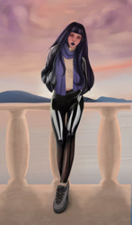 Size: 1938x3300 | Tagged: safe, artist:amywhooves, derpibooru import, oc, oc:coldlight bluestar, human, alternate hairstyle, clothes, evening, hands in pockets, humanized, latex, latex pants, looking at you, mountain, ocean, scarf, shoes, solo, sweater