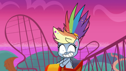 Size: 1920x1080 | Tagged: safe, derpibooru import, screencap, rainbow dash, pegasus, pony, my little pony: pony life, what goes updo, spoiler:pony life s02e17, alternate hairstyle, female, mare, roller coaster, solo