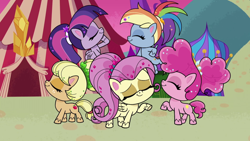 Size: 1920x1080 | Tagged: safe, derpibooru import, screencap, applejack, fluttershy, pinkie pie, rainbow dash, twilight sparkle, alicorn, earth pony, pegasus, pony, my little pony: pony life, what goes updo, spoiler:pony life s02e17, alternate hairstyle, eyes closed, female, mane five, mare