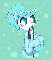 Size: 467x538 | Tagged: safe, artist:saltycube, derpibooru exclusive, derpibooru import, natalie, earth pony, mecha pony, pony, robot, robot pony, my little pony: pony life, abstract background, blushing, cable, clothes, female, hoodie, mare, mouth hold, solo, usb