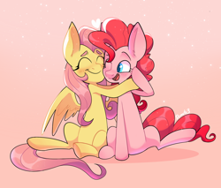 Size: 1280x1090 | Tagged: safe, artist:reborn3580, derpibooru import, fluttershy, pinkie pie, earth pony, pegasus, pony, abstract background, blushing, duo, eyes closed, female, friendshipping, happy, heart, hug, looking at someone, mare, one eye closed, open mouth, sitting, smiling, spread wings, wings