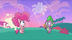 Size: 1280x720 | Tagged: safe, derpibooru import, screencap, pinkie pie, spike, dragon, earth pony, pony, spider, bubble trouble, my little pony: pony life, spoiler:pony life s02e08, bubble, bubble wand, cute, cute little fangs, duo, fangs, female, male, mare, scared, smiling, spikabetes, winged spike