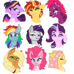 Size: 500x500 | Tagged: safe, artist:nalanisumner17, derpibooru import, applejack, fluttershy, pinkie pie, rainbow dash, rarity, starlight glimmer, sunset shimmer, tempest shadow, twilight sparkle, twilight sparkle (alicorn), alicorn, earth pony, pegasus, pony, unicorn, alternate hairstyle, bedroom eyes, coat markings, ear piercing, earring, eye scar, eyes closed, eyeshadow, female, flower, flower in hair, grin, jewelry, makeup, mane six, mare, nose piercing, nose ring, one eye closed, open mouth, piercing, redesign, scar, simple background, smiling, white background, wink