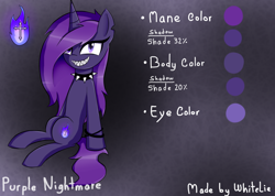 Size: 1040x740 | Tagged: safe, artist:whitelie, derpibooru import, oc, oc only, oc:purple nightmare, unicorn, choker, looking at you, reference sheet, simple background, sitting, smiling, spiked choker