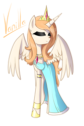 Size: 1092x1636 | Tagged: safe, artist:whitelie, derpibooru import, oc, oc:vanilla, alicorn, alicorn oc, clothes, dress, eyes closed, horn, jewelry, makeup, simple background, tiara, white background, wings