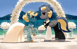 Size: 2500x1600 | Tagged: safe, artist:zlatavector, derpibooru import, oc, oc only, oc:maple parapet, oc:wabash, pegasus, pony, unicorn, clothes, costume, dress, female, freckles, male, mare, marriage, pregnant, stallion, wedding, wedding dress